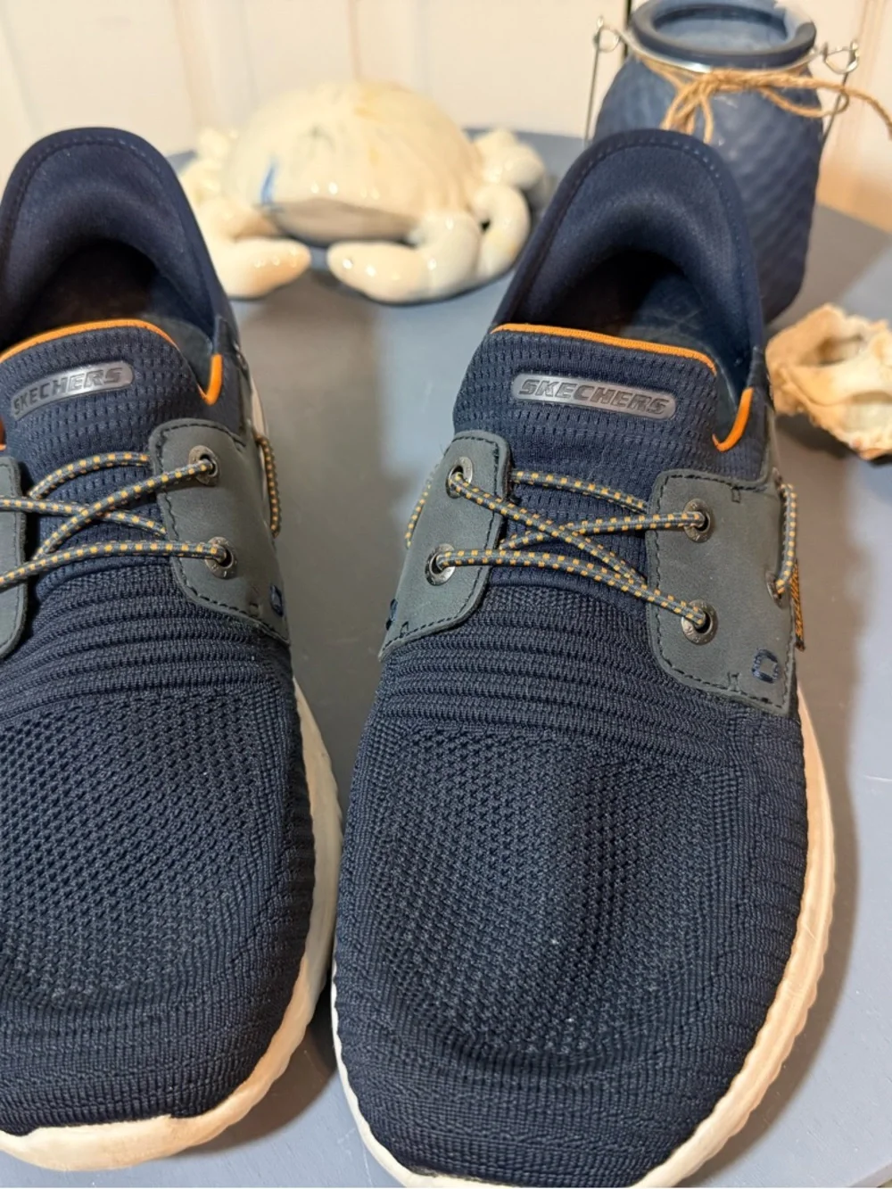 Skechers Men's Navy Knit Slip-On Sneaker with Orange Accent - Picture 1 of 6